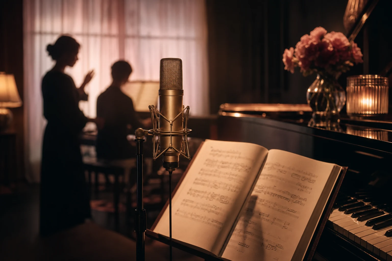 DIVA brand concept visual of a vocal learning studio with microphone, score and piano