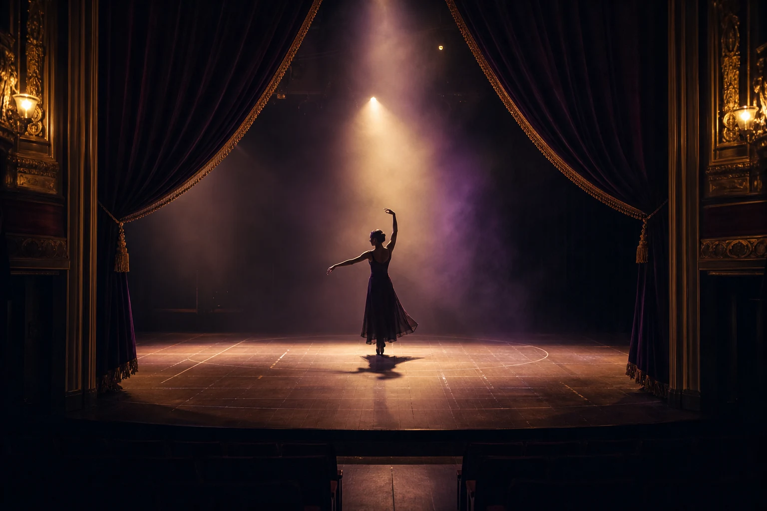 DIVA brand concept visual of a theatre artist rehearsing beneath a single spotlight